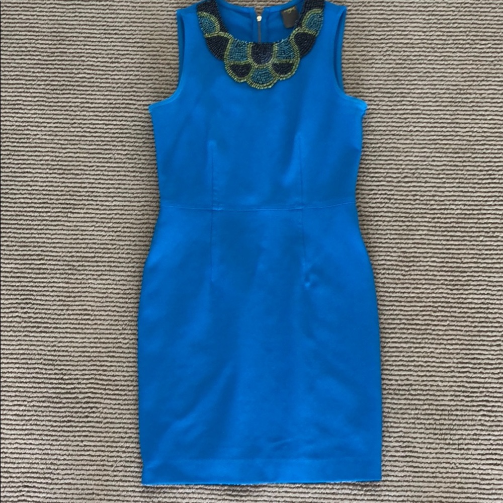 Bright blue sleeveless dress w beaded neck detail